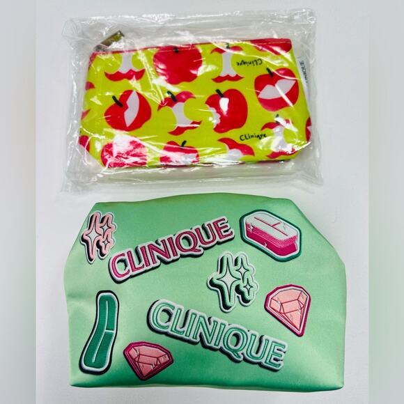 🆕 NWOT Clinique Cosmetic Makeup Bag Bundle Skincare Zipper Apples Jewels Stones - Picture 2 of 5